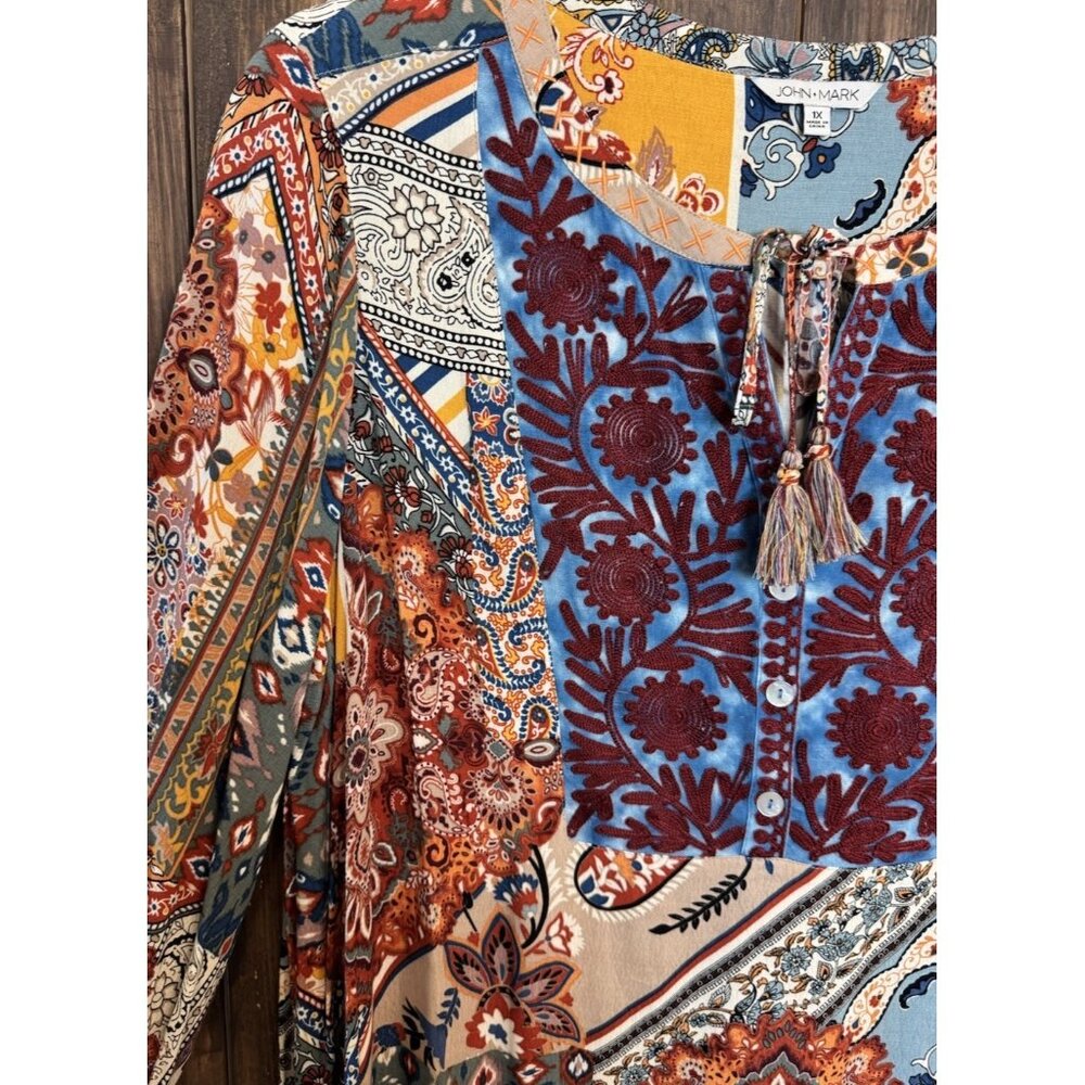 John Mark 1X Colorful Embroidered Tasseled 3/4 Sleeve Tunic Top NWOT - Picture 5 of 15